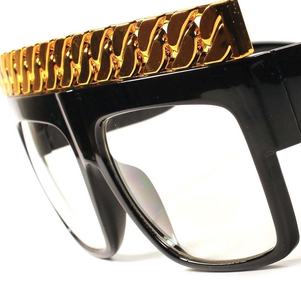 Look Rich Designer Hip Hop Rapper Gold Cuban Link Chain Top Square Clear Glasses